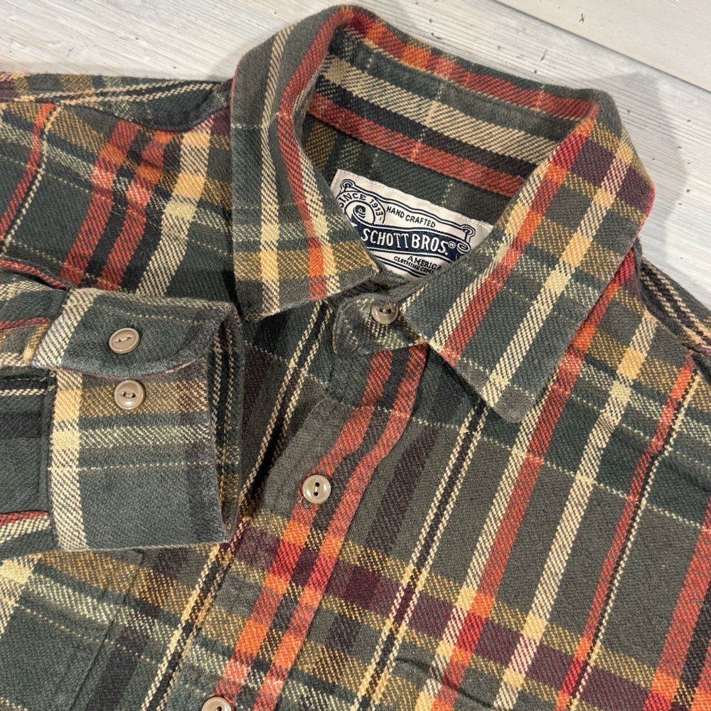 Schott Bros NYC Flannel Shirt Men's Medium Grey‎ Red Plaid Button Down Workwear